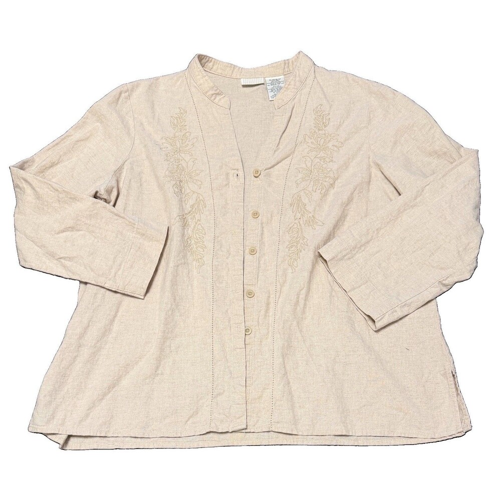 Vintage Embroidered Linen Cotton Shirt Women's XL 16-18 White Stag Beige